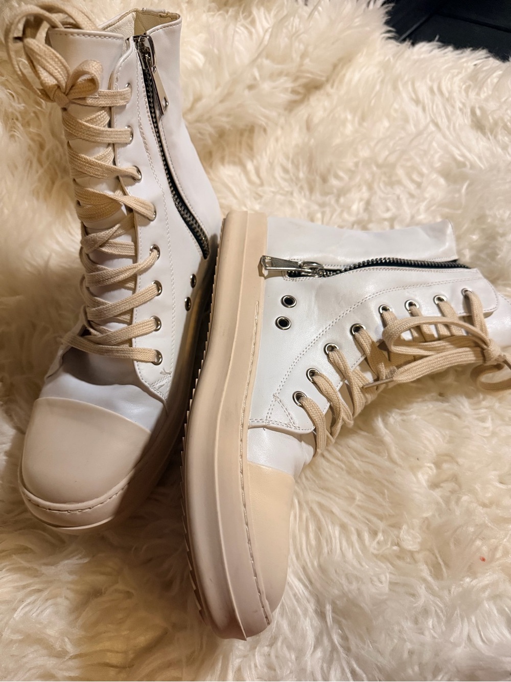 Cream Lace-Up High-Top Boots with Side Zip